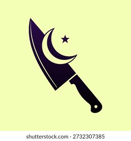 Ein dunkelblaues Küchenmesser mit einem Halbmond und einem Stern auf seiner Klinge, auf hellgelbem Hintergrund.