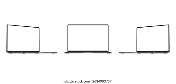 Dark Blue Laptops Mockups With Blank Screens, Front And Side Perspective View, Isolated On White Background. Vector Illustration
