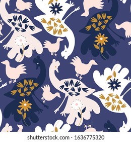 Dark blue with Large birds with flowers seamless pattern background design.