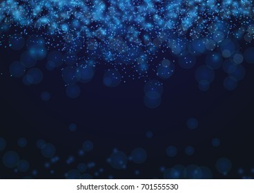 Dark blue light abstract glittering bokeh background. Festive new year card layout template. Vector illustration