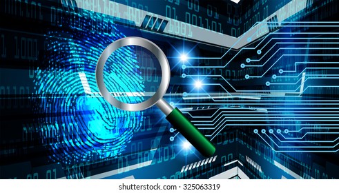 Dark blue Light Abstract Technology for computer graphic website Magnifying Glass scanning identifying a computer virus. Antivirus protection and computer security. PC. fingerprint.Finger-print hand
