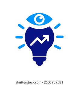 Dark blue light bulb with a blue eye on top and a rising arrow inside the bulb, symbolizing growth and vision. Surrounded by blue light rays, representing ideas and success. Simple and modern.