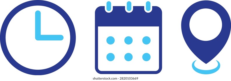 Dark Blue and Light Blue Date Time Location Icon Set. Clock Calendar, Map Pin Marker Event Agenda Symbols