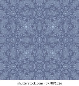 Dark blue and light blue intricate lacy vector seamless pattern with stylized floral elements; folk, rustic or boho style; also looking like frostwork, icy pattern on winter window