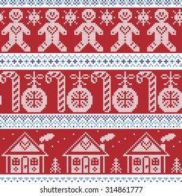 Dark blue, light blue and red Scandinavian nordic seamless pattern with gingerbread man, xmas candy candy cane, gingerbread house, xmas trees, heart, baubles, stars, snowflakes in cross stitch 
