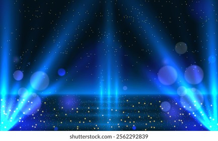 Dark blue light stage with golden spotlight lines and glitter texture for award ceremony design. Realistic 3d abstract premium elegant glamour background template for anniversary or winner rewarding.
