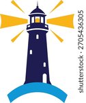 Dark blue lighthouse with yellow light beams on blue water beacon navigation