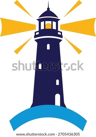 Dark blue lighthouse with yellow light beams on blue water beacon navigation