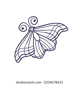 Icône papillon d'art en ligne bleue foncée. Illustration vectorielle d'un doodle bleu foncé et blanc de nuit. Contour d'insectes sur fond blanc. Symbole mystique rétro pour la décoration, carte de voeux, affiche, impression