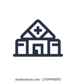 Dark blue linear of a hospital building with a cross on the triangular roof
