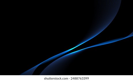 Dark blue lines abstract  with glowing wave on background. Wave moving dots flow particles.