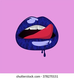dark blue lips on pink background