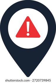 Pino de localização azul escuro com ponto de exclamação vermelho alerta de marcador de mapa de símbolo de aviso