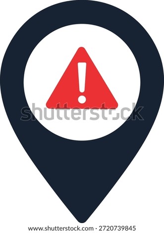 Dark blue location pin with red exclamation mark warning symbol map marker alert