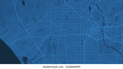 Dark blue Los Angeles City area vector background map, streets and water cartography illustration. Widescreen proportion, digital flat design streetmap. svg