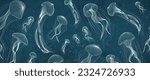 Dark blue luxury art background with hand drawn jellyfish in line style. Animal banner with sea animals for decoration, print, wallpaper, interior design, textile.