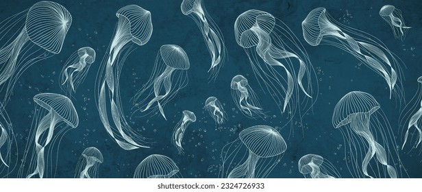 Fondo de arte de lujo azul oscuro con medusas dibujadas a mano en línea. Banner animal con animales marinos para decoración, impresión, papel pintado, diseño interior, textil.