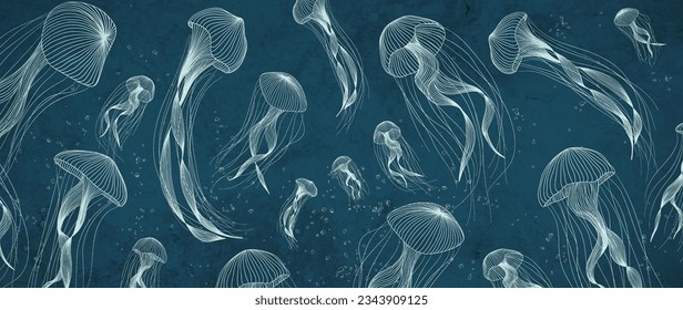 Dark blue luxury art background with hand drawn jellyfish in line style. Animal banner with sea animals for decoration, print, wallpaper, interior design, textile.