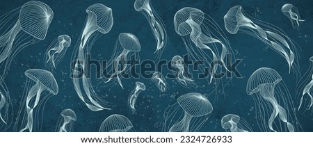 Dark blue luxury art background with hand drawn jellyfish in line style. Animal banner with sea animals for decoration, print, wallpaper, interior design, textile.