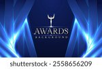 Dark blue luxury awards graphics background with light neon elegant shine spotlight effects. Premium corporate abstract design template. Banner certificate dynamic shape.
