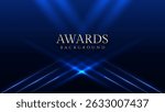 Dark blue luxury awards graphics background with light neon elegant shine spotlight effects. Premium corporate abstract design template. Banner certificate dynamic shape