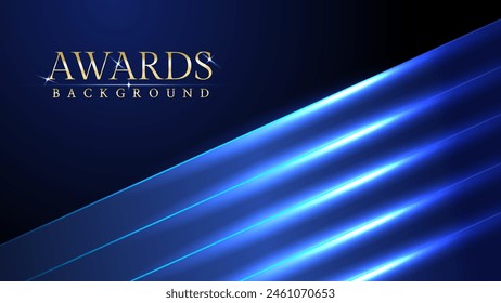 Dark blue luxury awards graphics background with light neon elegant shine spotlight effects. Premium corporate abstract design template. Banner certificate dynamic shape.