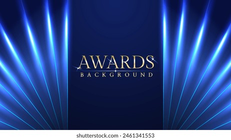 Dark blue luxury awards graphics background with light neon elegant shine spotlight effects. Premium corporate abstract design template. Banner certificate dynamic shape.