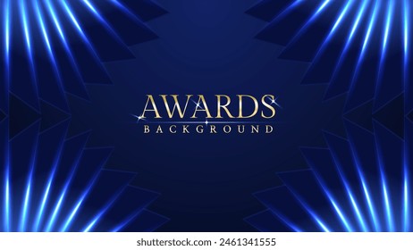 Dark blue luxury awards graphics background with light neon elegant shine spotlight effects. Premium corporate abstract design template. Banner certificate dynamic shape.