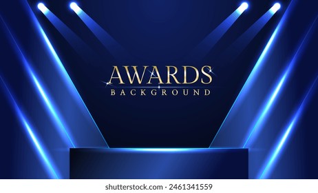 Dark blue luxury awards graphics background with light neon elegant shine spotlight effects. Premium corporate abstract design template. Banner certificate dynamic shape.