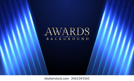 Dark blue luxury awards graphics background with light neon elegant shine spotlight effects. Premium corporate abstract design template. Banner certificate dynamic shape.