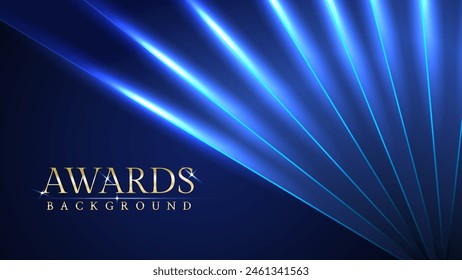 Dark blue luxury awards graphics background with light neon elegant shine spotlight effects. Premium corporate abstract design template. Banner certificate dynamic shape.