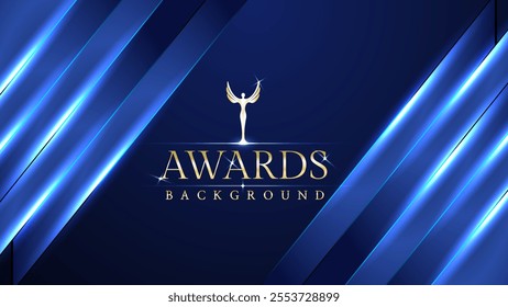 Dark blue luxury awards graphics background with light neon elegant shine spotlight effects. Premium corporate abstract design template. Banner certificate dynamic shape.