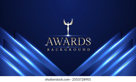 Dark blue luxury awards graphics background with light neon elegant shine spotlight effects. Premium corporate abstract design template. Banner certificate dynamic shape.