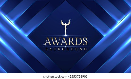 Dark blue luxury awards graphics background with light neon elegant shine spotlight effects. Premium corporate abstract design template. Banner certificate dynamic shape.