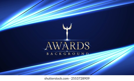 Dark blue luxury awards graphics background with light neon elegant shine spotlight effects. Premium corporate abstract design template. Banner certificate dynamic shape.