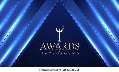 Dark blue luxury awards graphics background with light neon elegant shine spotlight effects. Premium corporate abstract design template. Banner certificate dynamic shape.