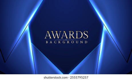 Dark blue luxury awards graphics background with light neon elegant shine spotlight effects. Premium corporate abstract design template. Banner certificate dynamic shape.