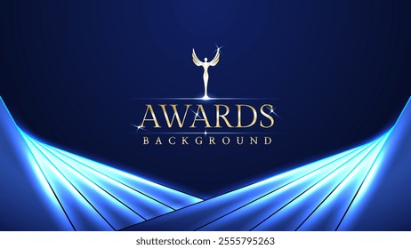 Dark blue luxury awards graphics background with light neon elegant shine spotlight effects. Premium corporate abstract design template. Banner certificate dynamic shape.