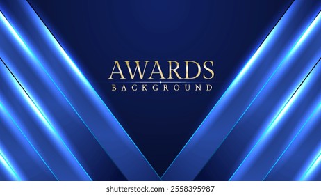 Dark blue luxury awards graphics background with light neon elegant shine spotlight effects. Premium corporate abstract design template. Banner certificate dynamic shape.