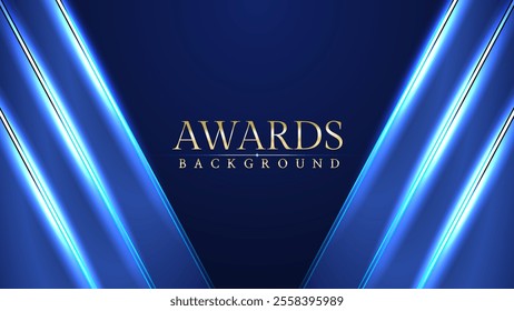 Dark blue luxury awards graphics background with light neon elegant shine spotlight effects. Premium corporate abstract design template. Banner certificate dynamic shape.