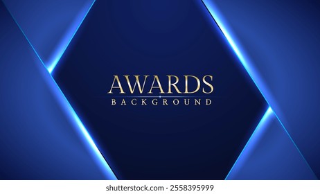 Dark blue luxury awards graphics background with light neon elegant shine spotlight effects. Premium corporate abstract design template. Banner certificate dynamic shape.