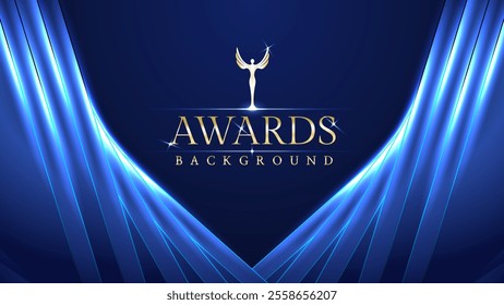 Dark blue luxury awards graphics background with light neon elegant shine spotlight effects. Premium corporate abstract design template. Banner certificate dynamic shape.
