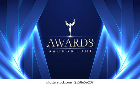 Dark blue luxury awards graphics background with light neon elegant shine spotlight effects. Premium corporate abstract design template. Banner certificate dynamic shape.
