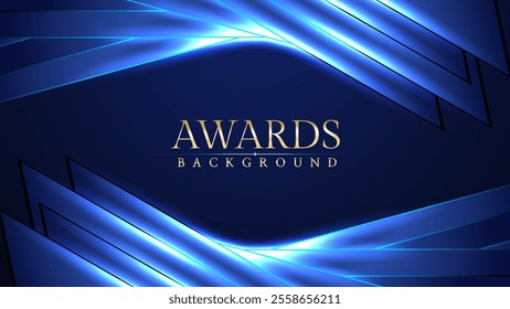 Dark blue luxury awards graphics background with light neon elegant shine spotlight effects. Premium corporate abstract design template. Banner certificate dynamic shape.
