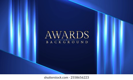 Dark blue luxury awards graphics background with light neon elegant shine spotlight effects. Premium corporate abstract design template. Banner certificate dynamic shape.
