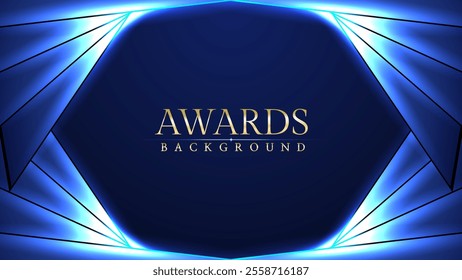 Dark blue luxury awards graphics background with light neon elegant shine spotlight effects. Premium corporate abstract design template. Banner certificate dynamic shape.

