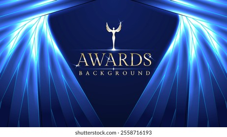 Dark blue luxury awards graphics background with light neon elegant shine spotlight effects. Premium corporate abstract design template. Banner certificate dynamic shape.
