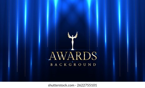 Dark blue luxury awards graphics background with light neon elegant shine spotlight effects. Premium corporate abstract design template. Banner certificate dynamic shape