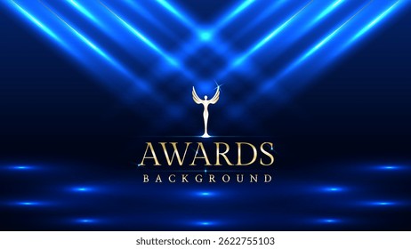 Dark blue luxury awards graphics background with light neon elegant shine spotlight effects. Premium corporate abstract design template. Banner certificate dynamic shape