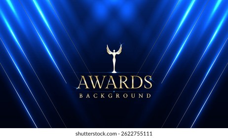 Dark blue luxury awards graphics background with light neon elegant shine spotlight effects. Premium corporate abstract design template. Banner certificate dynamic shape